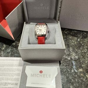 Michele Silver Dial Watch with Red Leather Strap